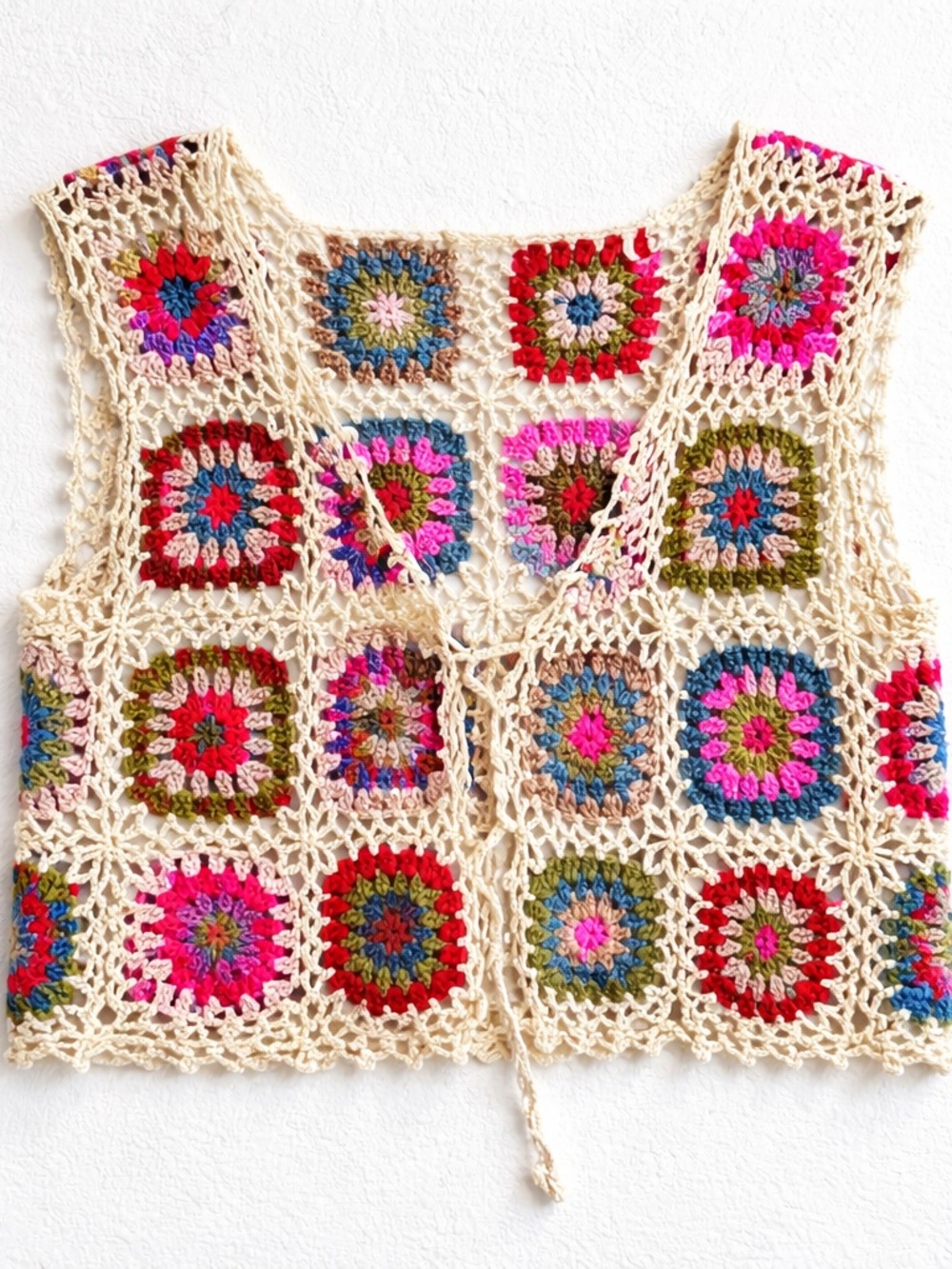 Natural Life Crochet Granny Square Vest Boho Festival Hippie Retro Top L B33